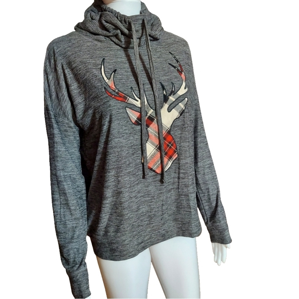 Maurices Gray Plaid Reindeer Cowl Neck Cozy Pullover Sweatshirt - Picture 3 of 13